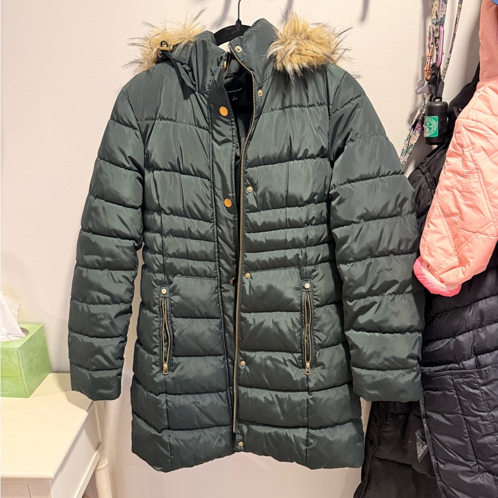 Emerald Green Puffer Coat with Faux Fur Hood